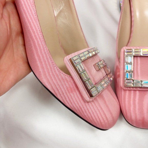 Gucci Madelyn Silk Moire Crystal G Block Heel Pump Pink EU 36.5 Designer - Picture 5 of 11